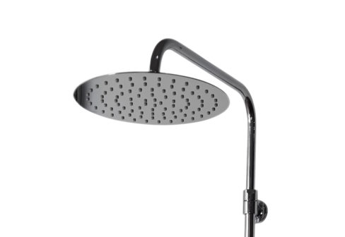 Une colonne de douche avec douchette de tête inox, douchette à main ABS 3 jets et mitigeur mécanique chromé, zoom sur la douche de tête